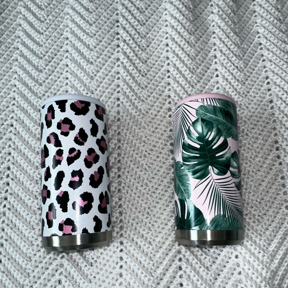 Two Decorative Skinny Can Coozies- palms trees and animal print